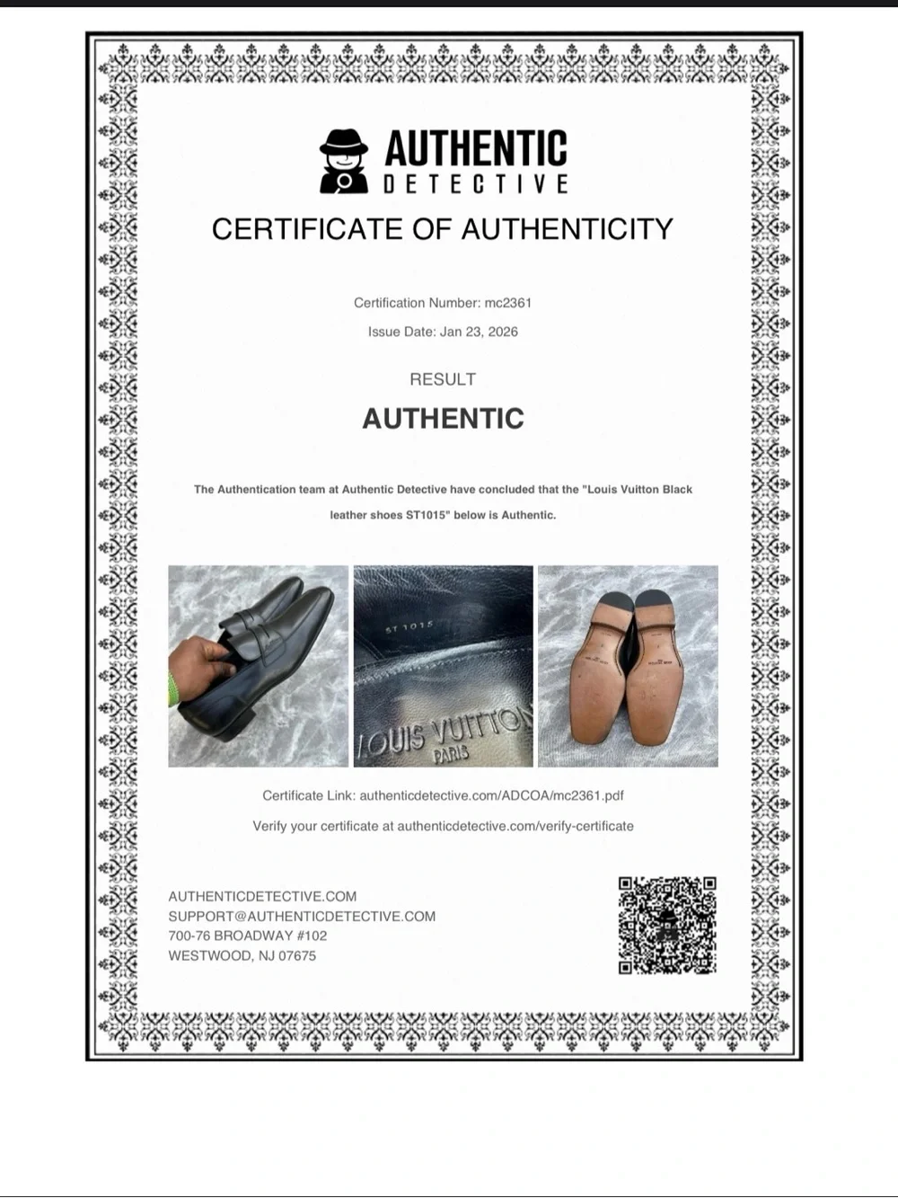 Louis Vuitton comes certificate